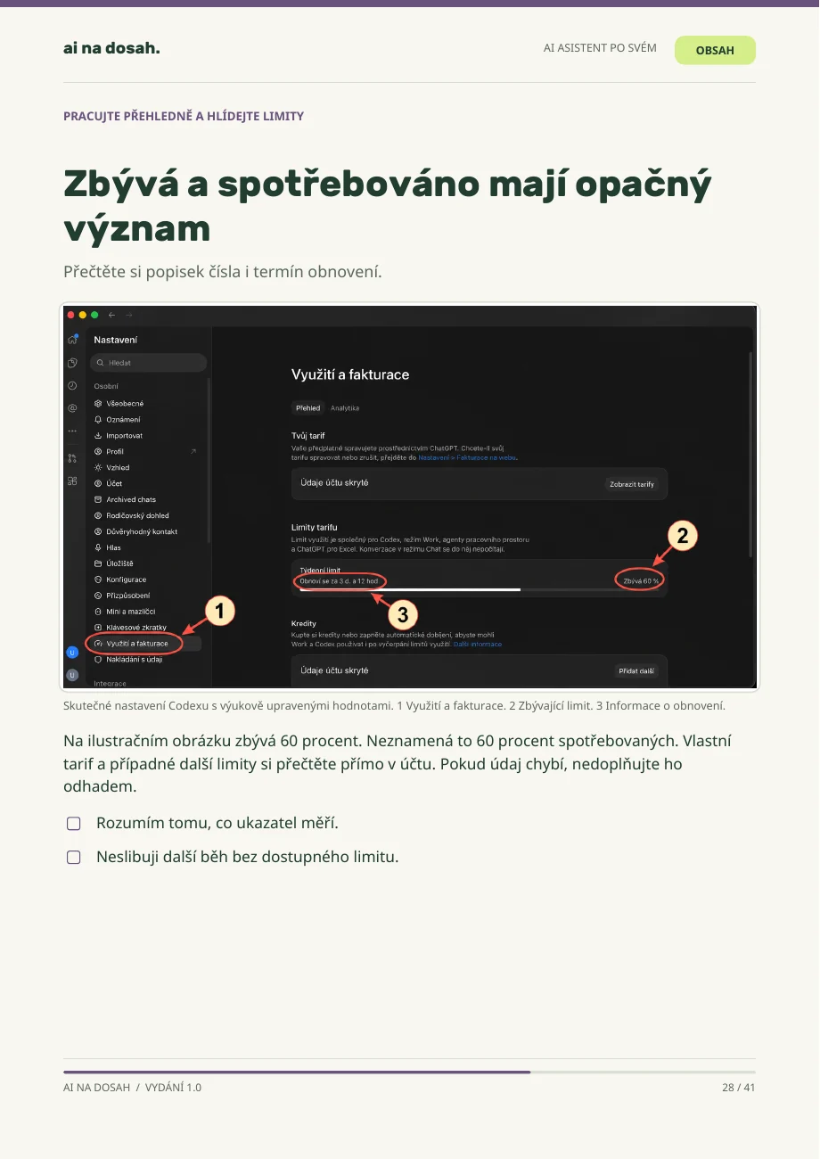 Skutečná stránka PDF AI asistent po svém: Jak číst zbývající limit