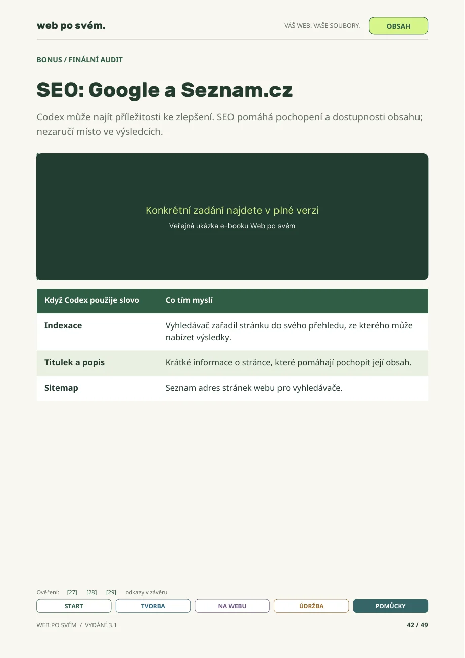 Skutečná stránka PDF: Závěrečná kontrola a SEO. Zadání je zakryté.