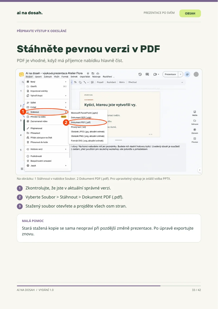 Skutečná stránka PDF Prezentace po svém: Výstup v PDF k odeslání