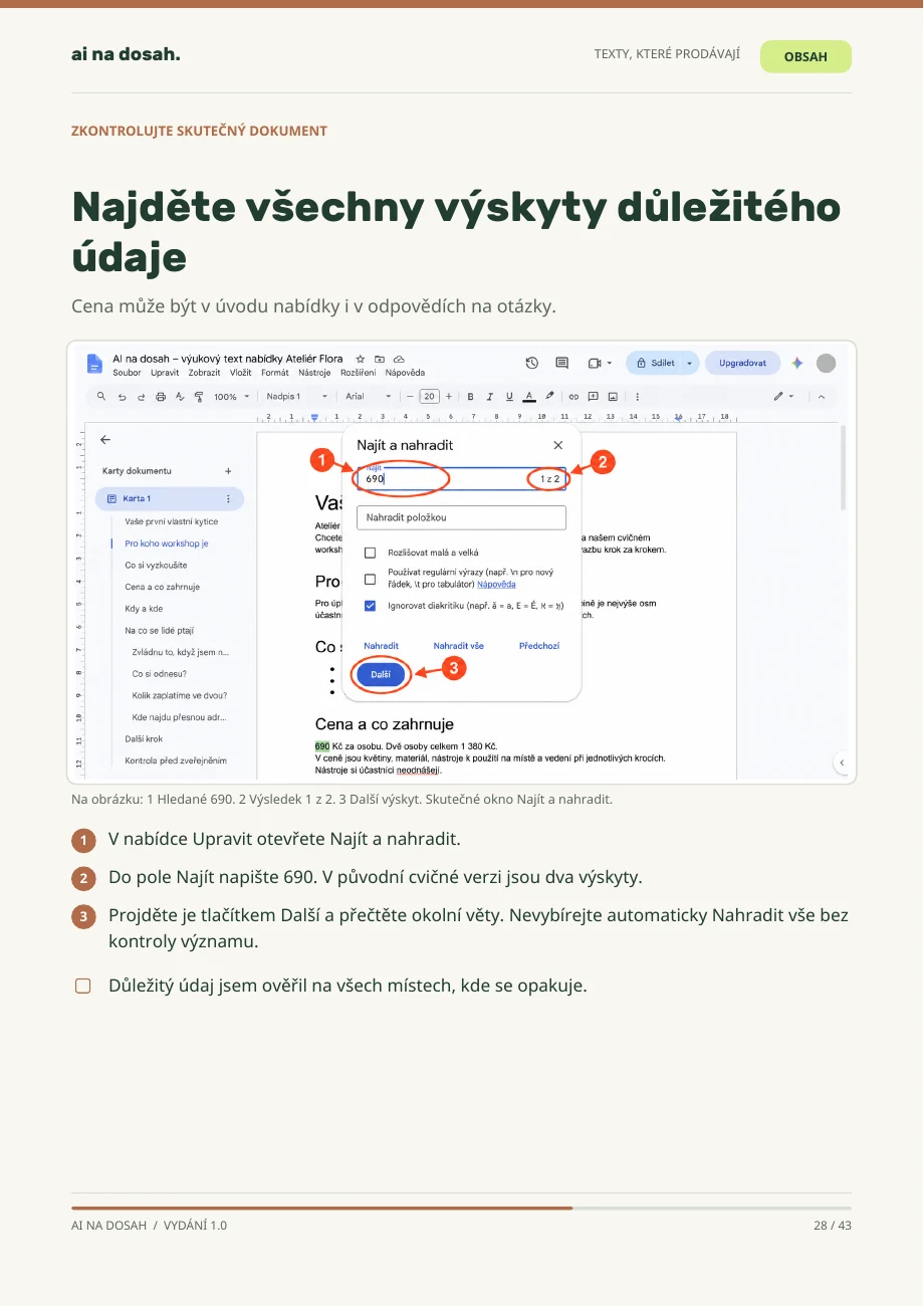 Skutečná stránka PDF Texty, které prodávají: Kontrola všech výskytů ceny